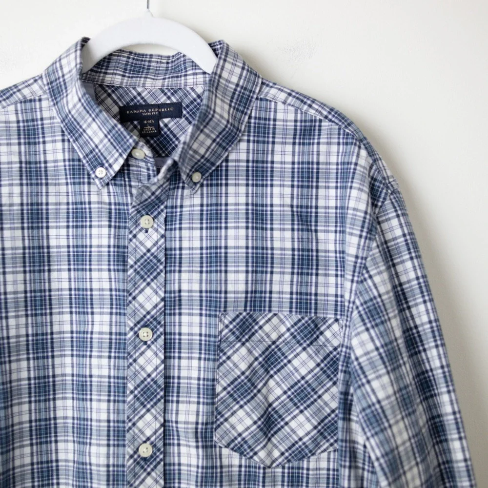 Banana Republic Slim Fit 100% Cotton Plaid Shirt Mens Large Blue Button Western